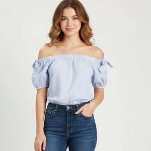 INC International Concepts Stripe Off the shoulder Blouse Top Bow Sleeve blue